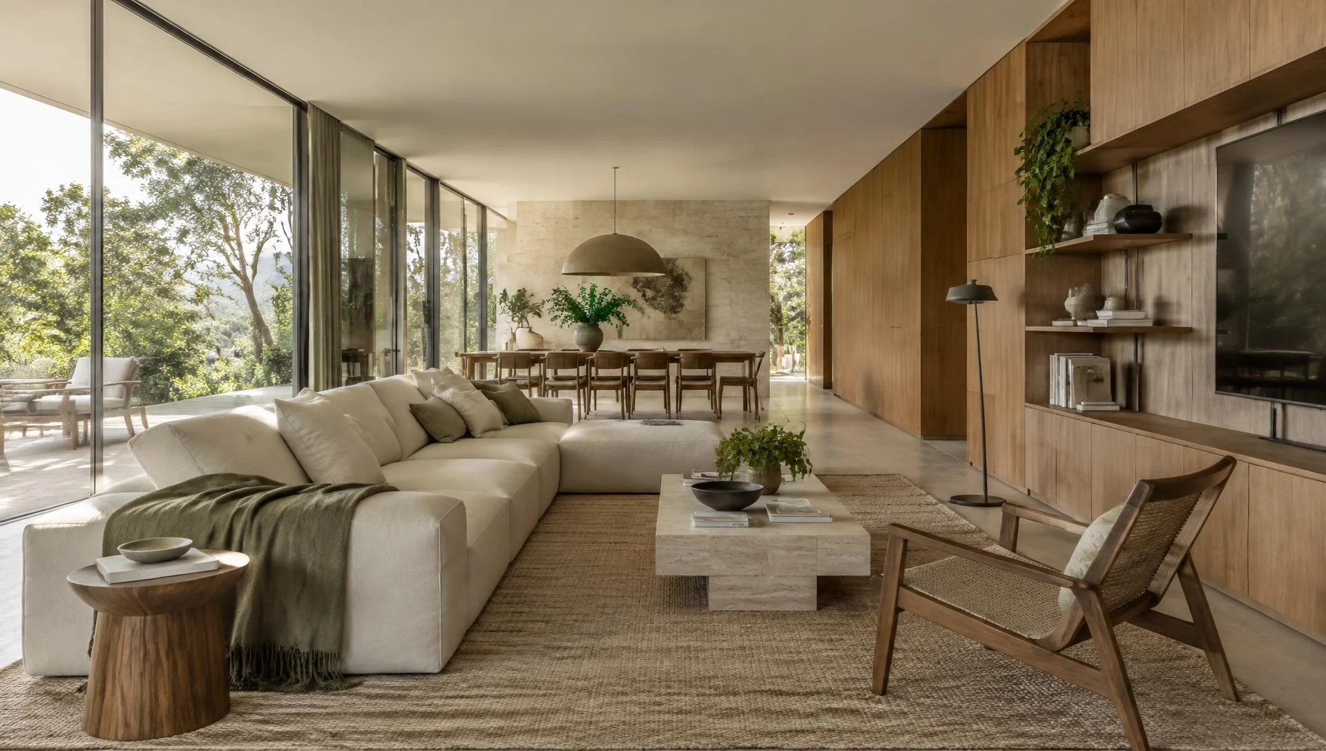 Living contemporâneo com arquitetura integrada, madeira natural e luz do jardim